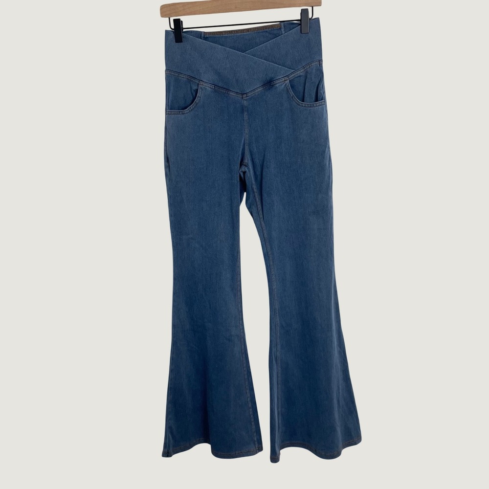 Halara Flare Jeans Womens M Blue Crossover High Rise Wide Leg Denim NWT Y2K